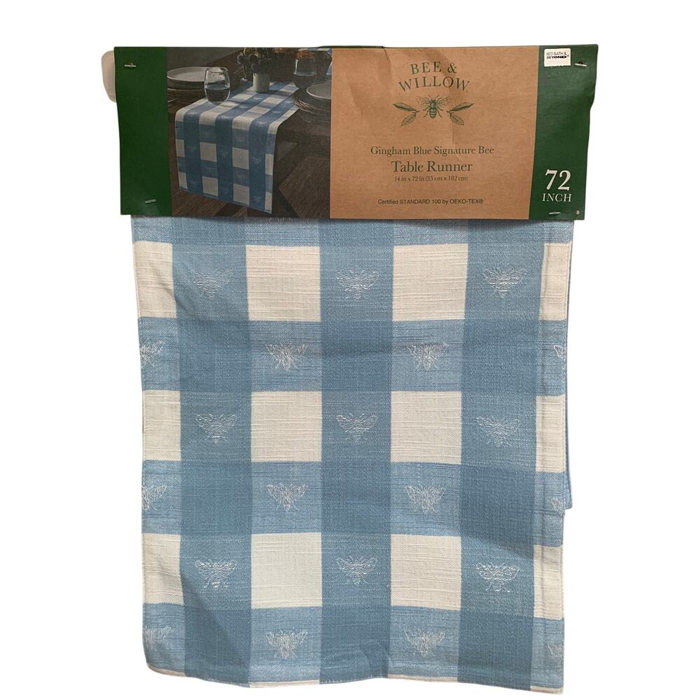 New Bee and Willow Gingham Blue Signature Bee Table Runner 14x72